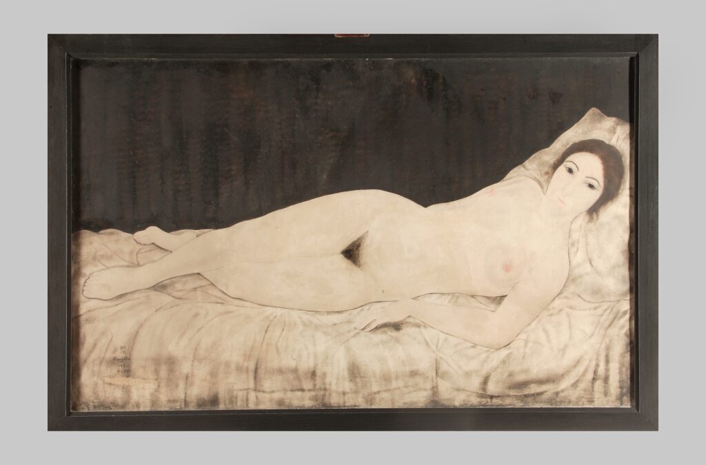 Tableau de Foujita representant une femme nu allongé sur le coté exposé à Nîmes pour la semaine du Japon