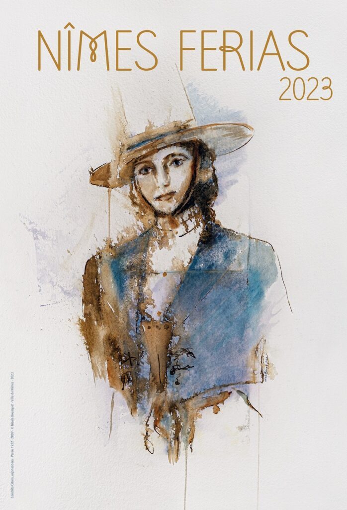 affiche de la Feria de Nîmes 2023 : L'œuvre de Nicole Bousquet porte le nom de "Conchita la Diosa" (Conchita la Déesse). 
