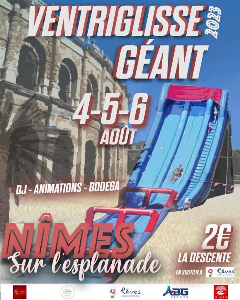 Affiche du Ventriglisse Géant sur l'Esplanade à Nîmes du 4 au 6 aout 2023