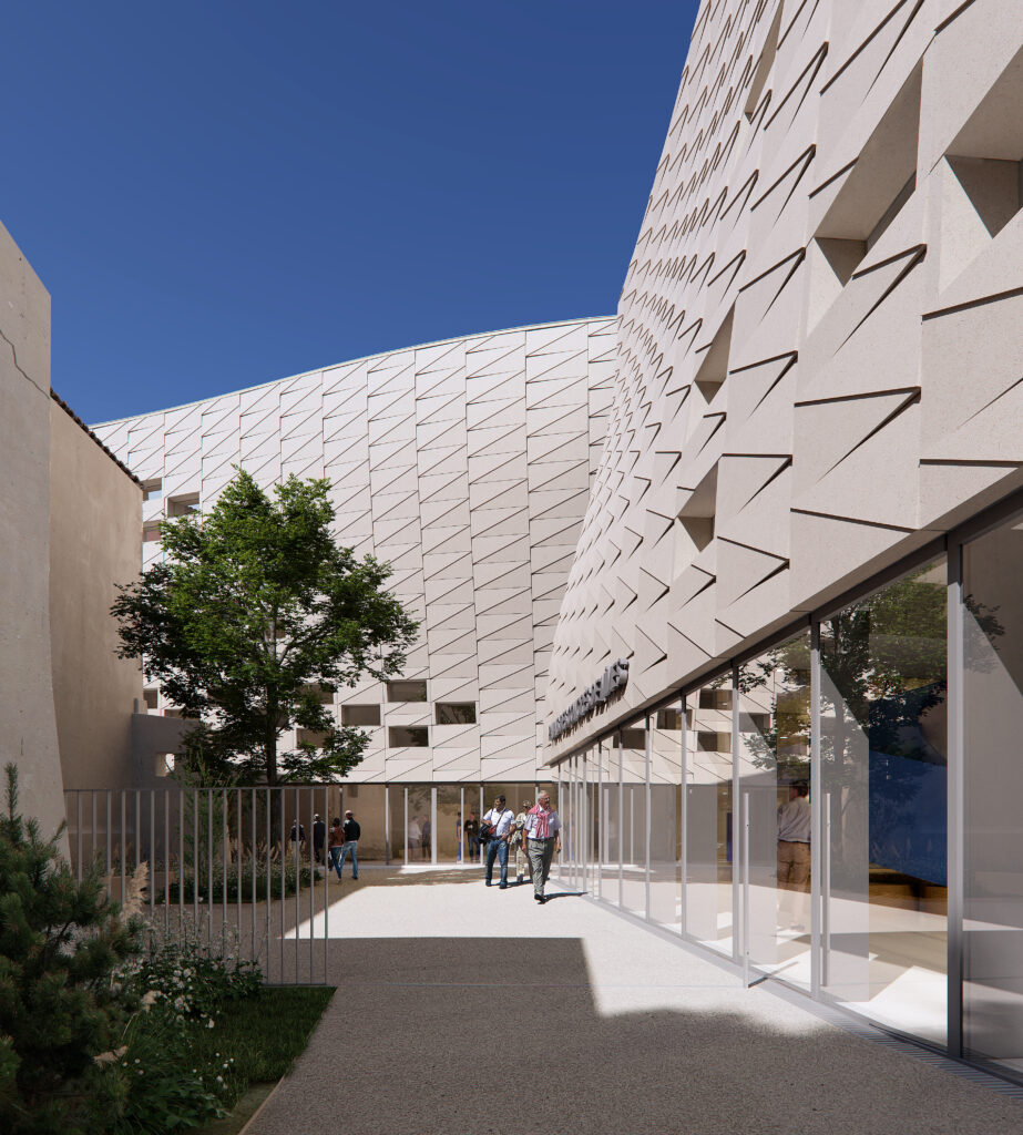  vue de l’extérieur du futur Palais des congrès à Nîmes . La réalisation des façades est attendue pour février 2025