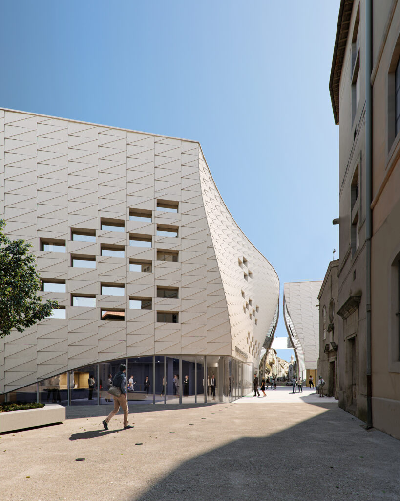  vue de l’extérieur du futur Palais des congrès à Nîmes . La réalisation des façades est attendue pour février 2025
